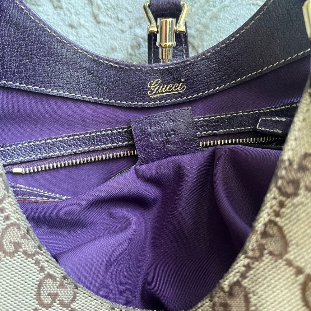 Gucci Brown Monogram Canvas Shoulder Bag with purple Leather Trim - Picture 9 of 11